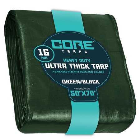 CORE TARPS 70 ft L x 0.5 mm H x 50 ft W Heavy Duty 16 Mil Tarp, Green/Black, Polyethylene CT-303-50X70